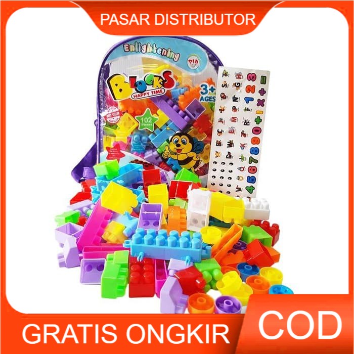 Mainan Anak Balok Susun Block Bongkar Pasang Balok Bricks Tas Isi 102 pcs - Mainan Balok - Mainan Anak