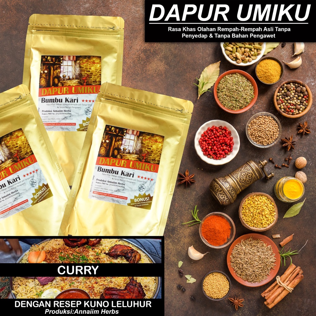 

Bumbu Dapur Umiku Kari / Curry / Arab / Sapi / Ayam / Kambing 100% Alami non MSG plus resep didalam