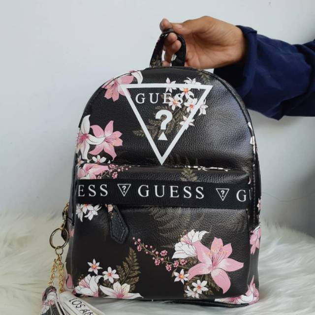 (WODB) Tas gesabel beige black pink floral ransel backpack