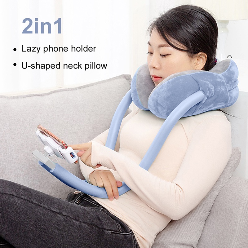 R1id 2in1 Bantal Leher Bentuk U Dengan Memory Foam Untuk Handphone / Tablet
