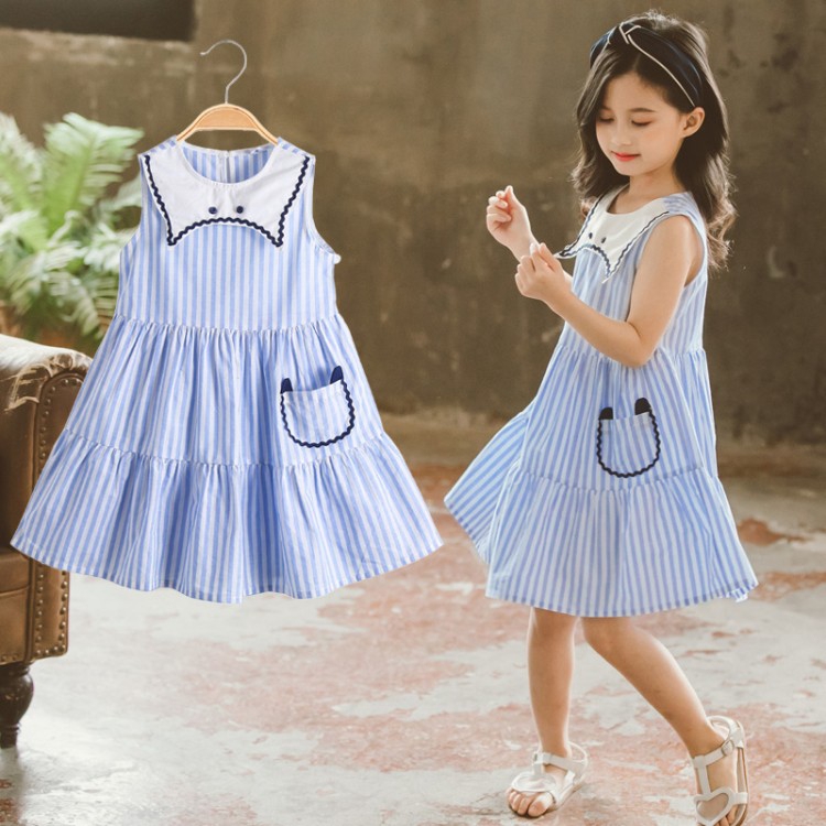 Dress Gaun anak  perempuan Gaun Bergaris Biru Pakaian anak  