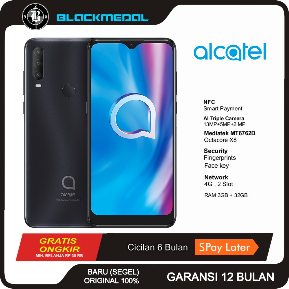 Alcatel 1S Gray New 2020 (NFC) Triple Camera Baru Segel Resmi Original Garansi 1 Tahun