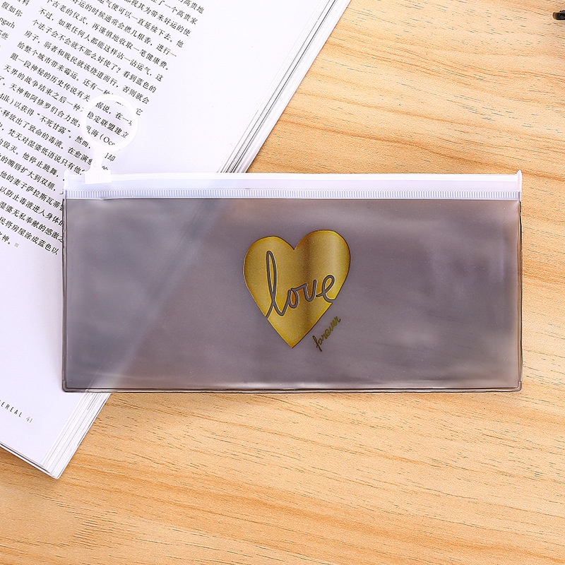 Tempat Pensil Pulpen Transparan Ziplock Karakter Serbaguna Alat tulis make up-LOVE POLOS