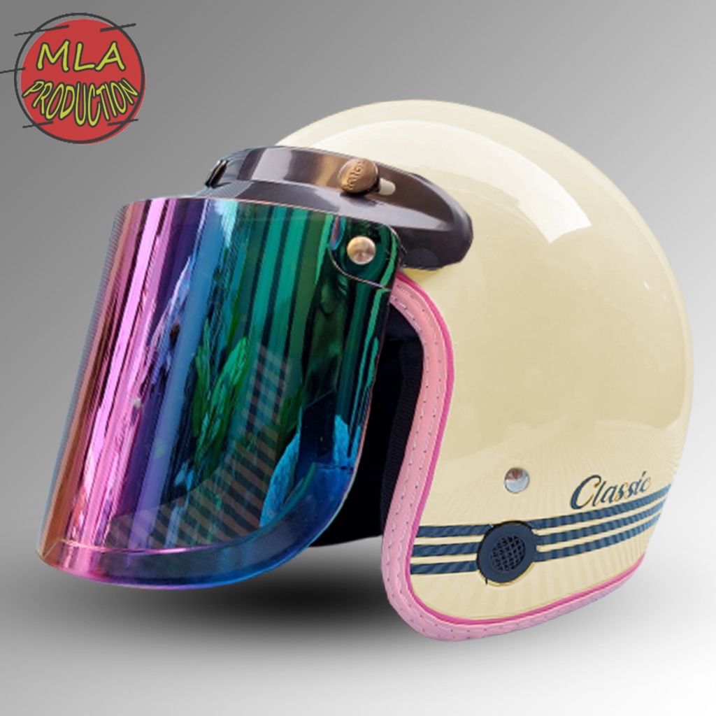 Helm Bogo Retro Wanita Classic Warna Pastel Kaca Datar Injak Pelangi SIlver PREMIUM QUALITY COD