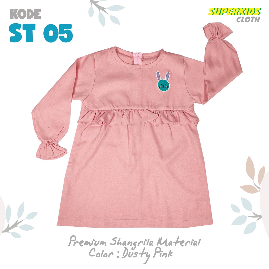 Setelan Baju Muslim Anak Perempuan Tunik Set Gamis Anak Perempuan Dress Anak SuperkidsCloth Pink Rabbit 1 - 10 Tahun