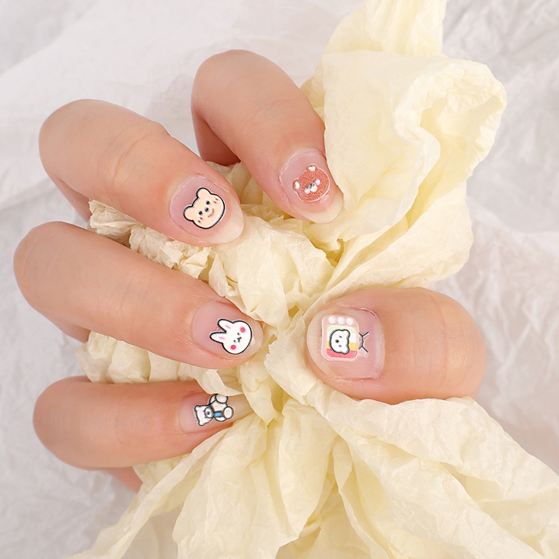 Stiker Kuku Desain Kartun Beruang Kelinci 5D Dengan Perekat Untuk Manicure