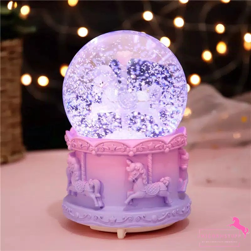 Snowball Unicorn Kotak Musik Lampu Kamar Anak Warm White Kado Anak Music Box Mainan Music Snow ball