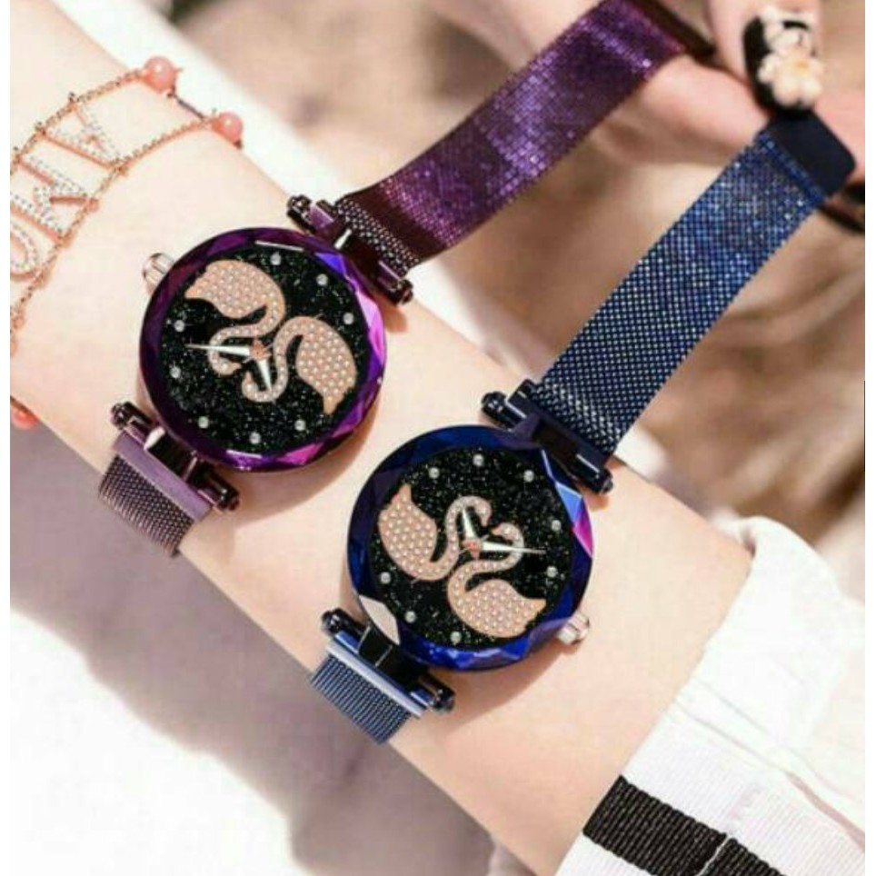 Jam Tangan Magnet Angsa TWO SWAN + FREE BOX &amp; BATERE CADANGAN Korea Fashion Women's Wrist Mesh Watch