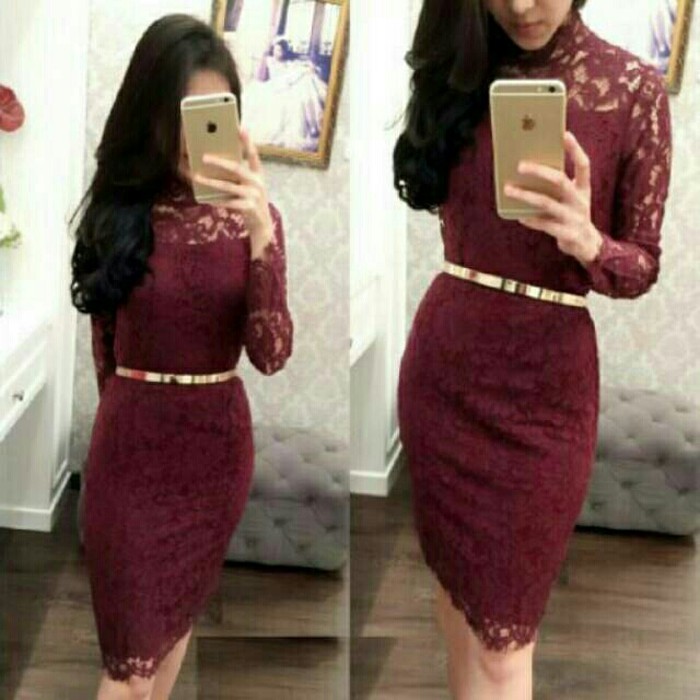MINI DRESS BRUKAT MAROON / BAJU PESTA NATAL  Terusan
