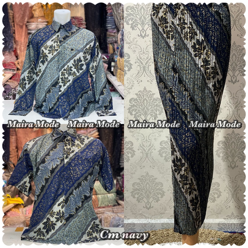 Couple batik kemeja dan rok plisket / set rok plisket dan kemeja batik / motif cm biru