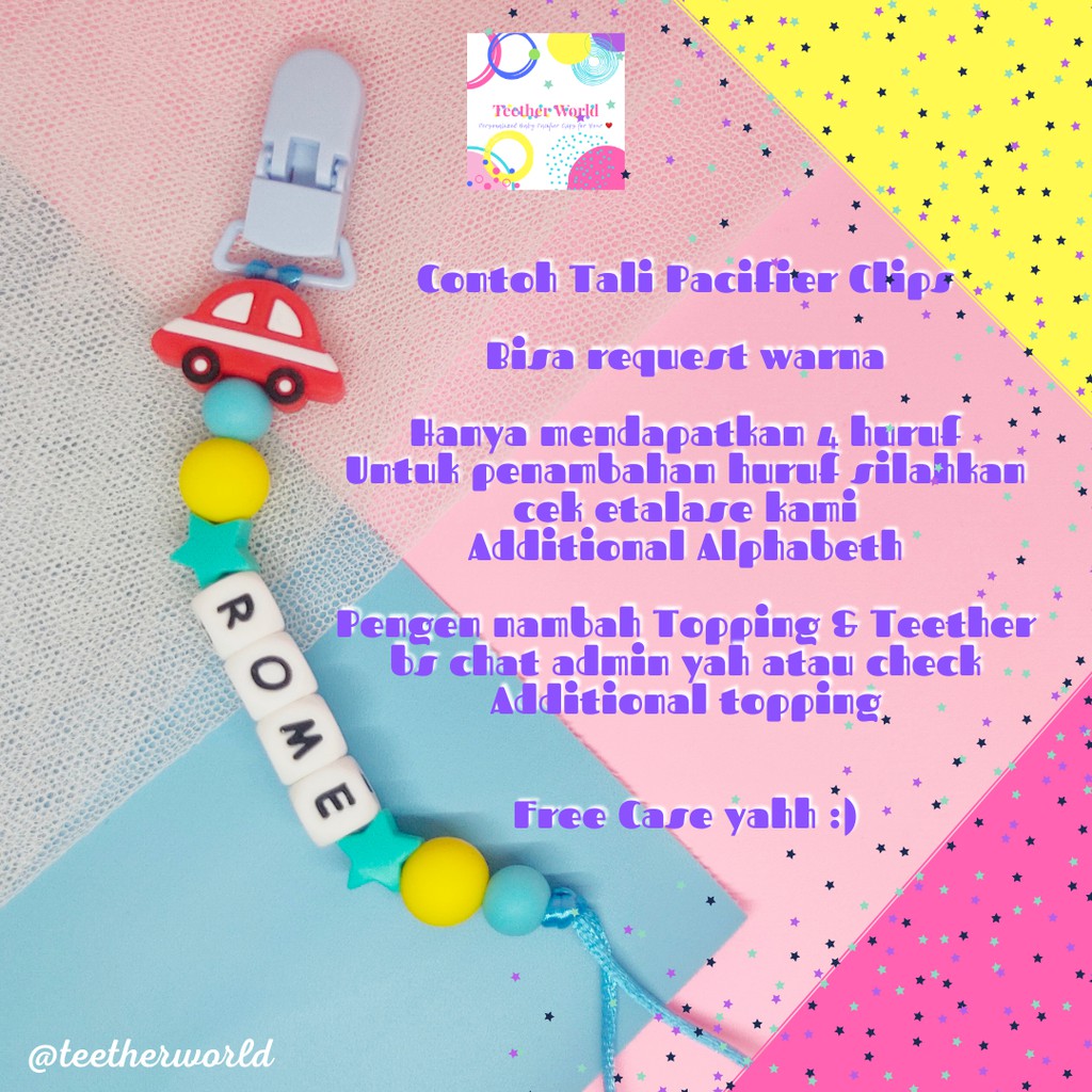 (PROMO FREE CASE) Pacifier Clips / Tali Dot / Tali Empeng Lucu Custom Nama Teetherworld-Rome