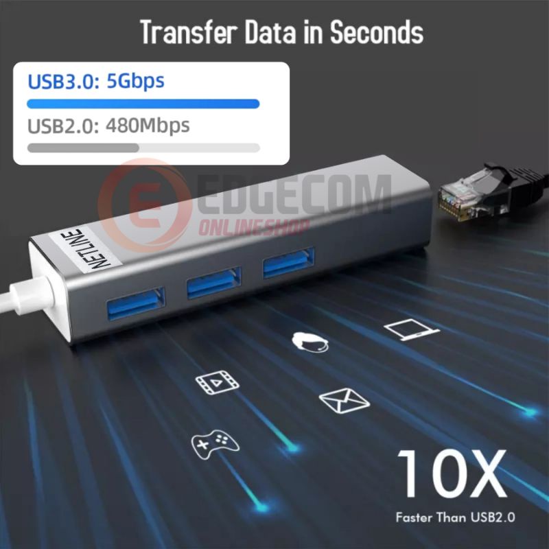 USB 3.0 HUB 3 Port + Ethernet Adapter 10/100Mbps Converter NETLINE