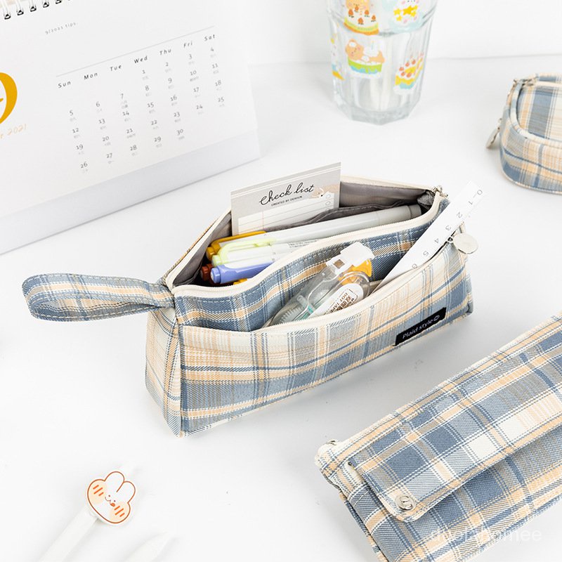 

JK School Pencil Bag Pen Case Japanese Style Retro Plaid Color Check Lattice Storage Pouch Handle Wa