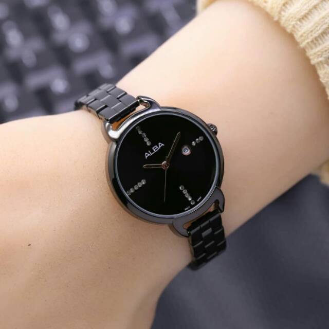 JAM TANGAN WANITA ALBA LIST PERMATA RANTAI BLACK KW SUPER.