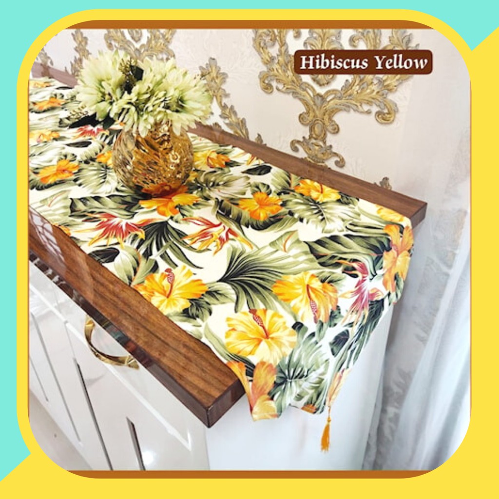 Hibiscus Yellow Taplak Meja Tamu Minimalis Persegi Panjang Mewah Taplak Meja Panjang Motif Minimalis