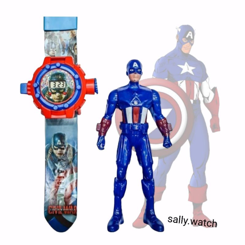 JAM TANGAN ANAK LAKI LAKI CAPTAIN AMERICA LAMPU PROYEKTOR 1 SET DENGAN MAINAN