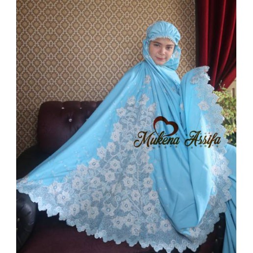 Mukena bordir khas bukittinggi warna biru tosca silver