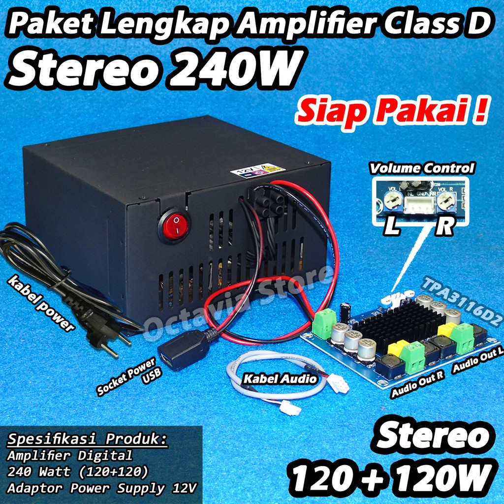 amplifier Class D 240watt TPA3116D2 paket lengkap adaptor SMPS siap pakai