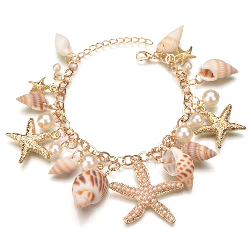 Ocean Style Multi Starfish Sea Star Conch Shell Pearl Chain Beach Bracelet Bangle