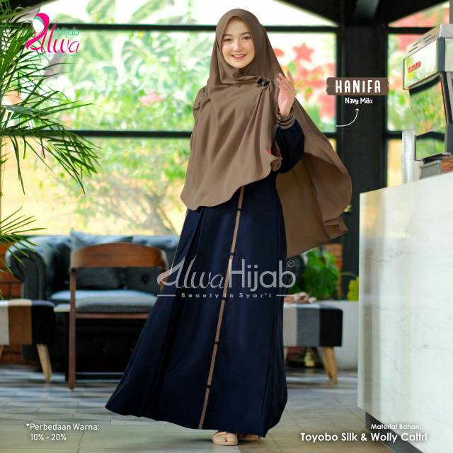 [Diskon 50rb) Gamis HANIFA SET ORI By ALWA HIJAB - Navy Milo (S)