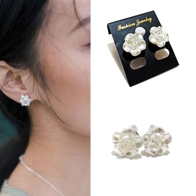 Belle Rose Pearl Stud Earrings | Anting Tusuk Studs Bunga Handmade Flower Korean Pearls
