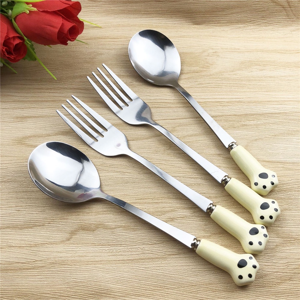 1pc Sendok Garpu Buah / Kue / Dessert Bahan Stainless Steel Dengan Gagang Keramik Bentuk Cakar Kucing