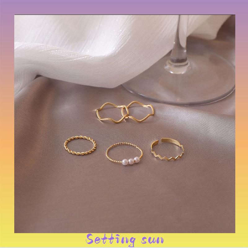 5 pcs Cincin Set Fashion Aksen Berlian Imitasi Mutiara Untuk Wanita TN