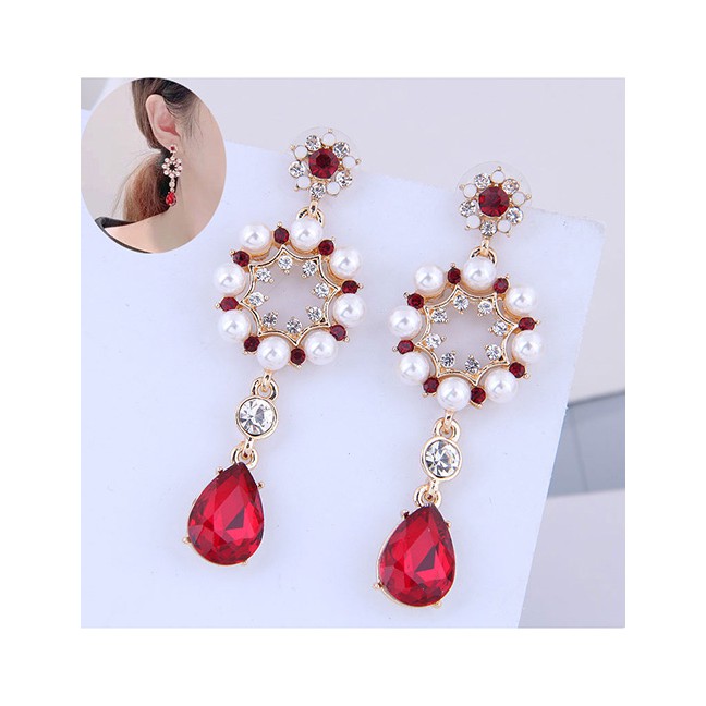 LRC Anting Tusuk Fashion Red Geometric Pearl Flower Drop Earrings With Diamonds A60369