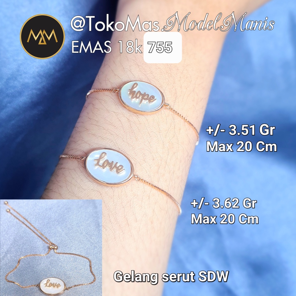 Gelang Serut Mother Of Pearl ''Hope' and ''Love'' SDW collection emas 755 kadar 18k