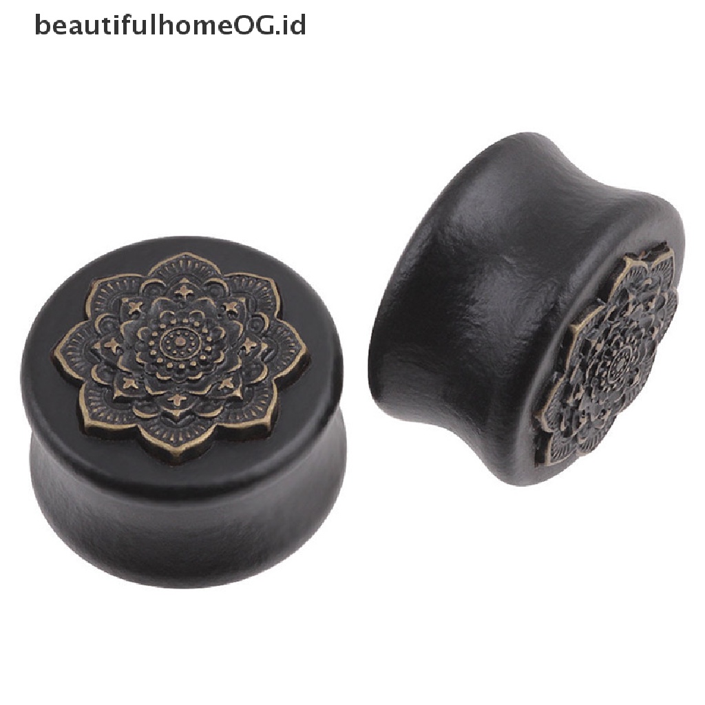 Ear Plugs Tunnels Gages Double Flared Saddle Piercing Desain Bunga Bahan Kayu Organik