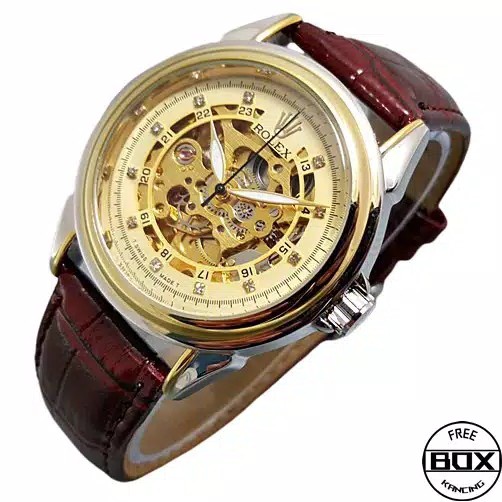 JAM TANGAN PRIA | ROLEX SKELETON AUTOMATIC KULIT ORIGINAL