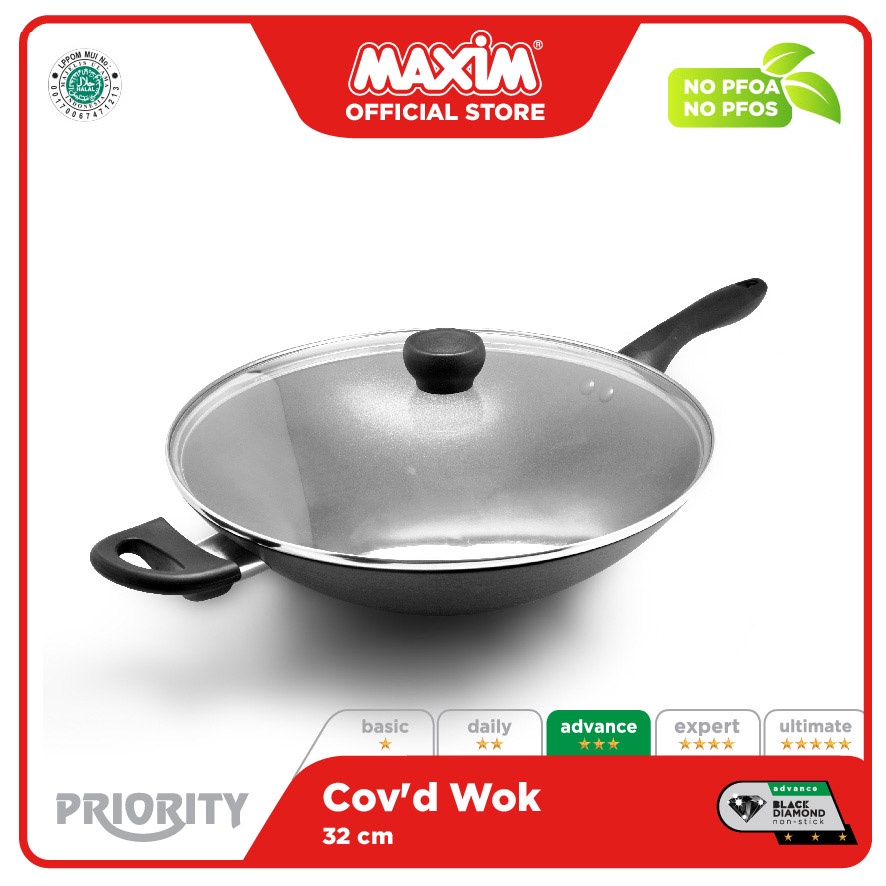 Maxim Priority Wajan Penggorengan Teflon Anti Lengket 32cm Wok + Tutup Kaca