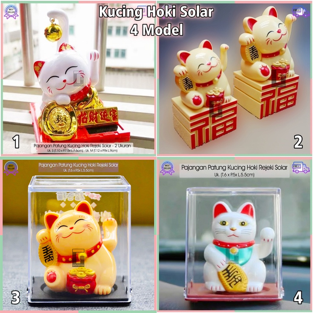 Patung Pajangan Boneka Hiasan Mainan Kucing Hoki Lucky Cat Maneki Neko Maneki Neko Dewa Chaisen Chai Cai Sen Caisen Ye Dewi Rejeki Rezeki Keberuntungan Tangan Goyang Gerak Bergerak China Cina Jepang Dashboard Mobil Mini Kecil Solar No Baterai Batrei Batre