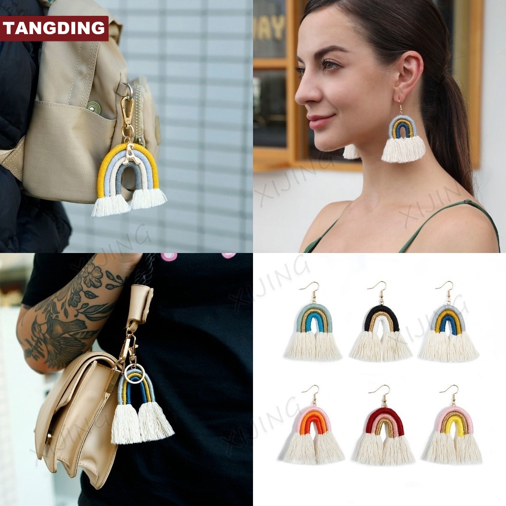 【COD Tangding】6 Colors Rope Tassel Bohemian Earrings Custom Rainbow Hand-woven Vintage Earstuds Jewelry