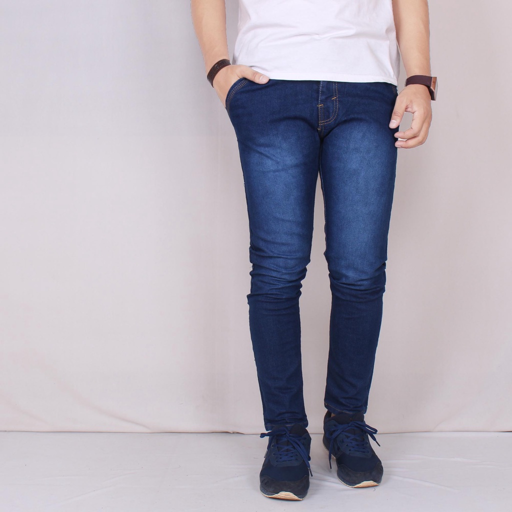 celana Jeans pensil pria  slim original distro terbaru navy wosh blue streach melar