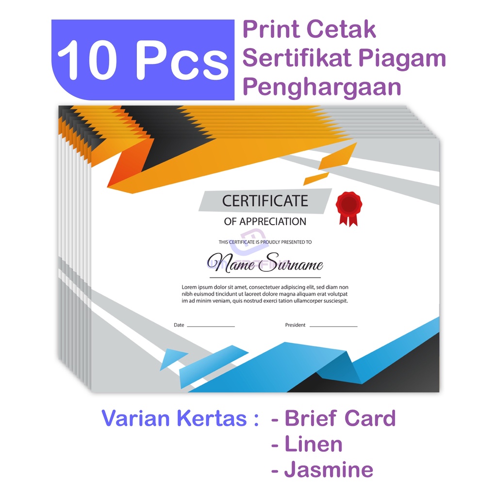 Jual 10 Pcs Print Cetak Sertifikat Piagam Penghargaan Ukuran F4 A4 ...