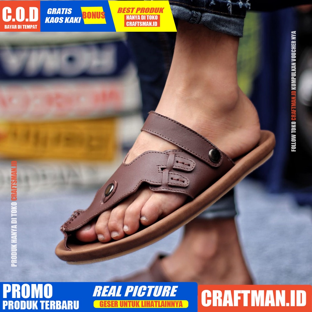 CRAFTS LUCKY SANDAL KULIT PRIA BLACK BROWN SENDAL CASUAL JEPIT PRIA