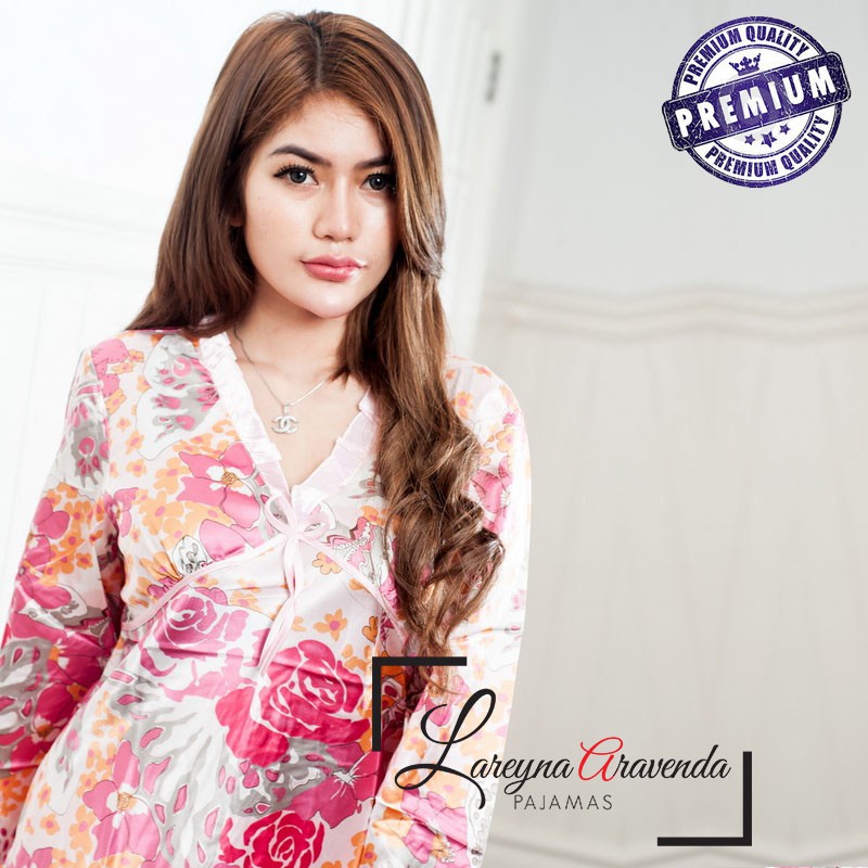 Piyama Lengan Panjang Satin Halus Model V Neck Flower PY001