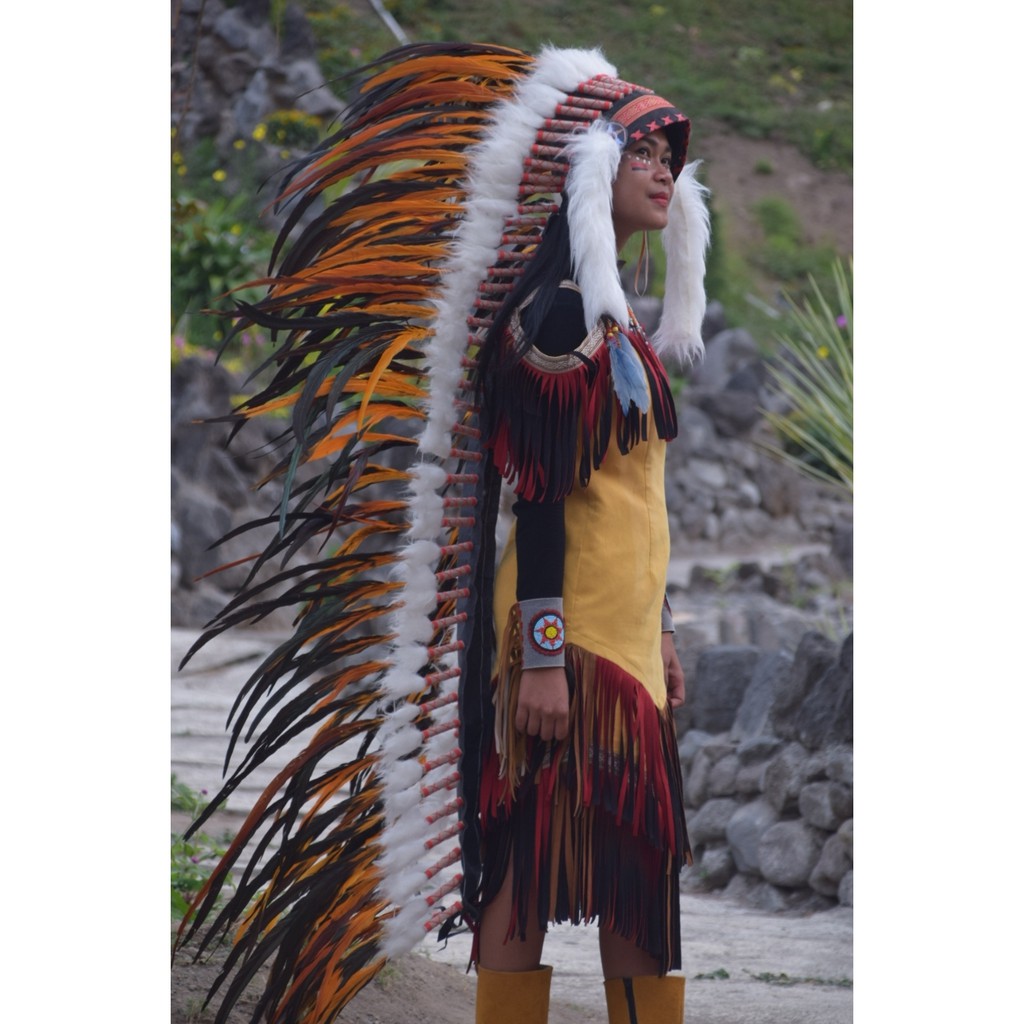 TOPI INDIAN - INDIAN HEADDRESS LONG AYAM BILABONG ORANGE FUR PUTIH