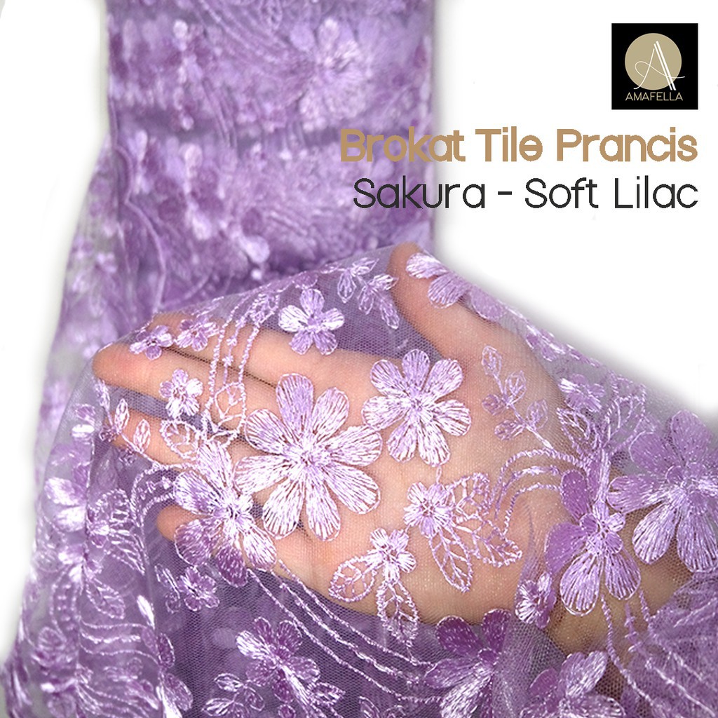 1/2 meter Kain Brokat Tile Prancis Bahan Kebaya Motif Sakura Soft Lilac