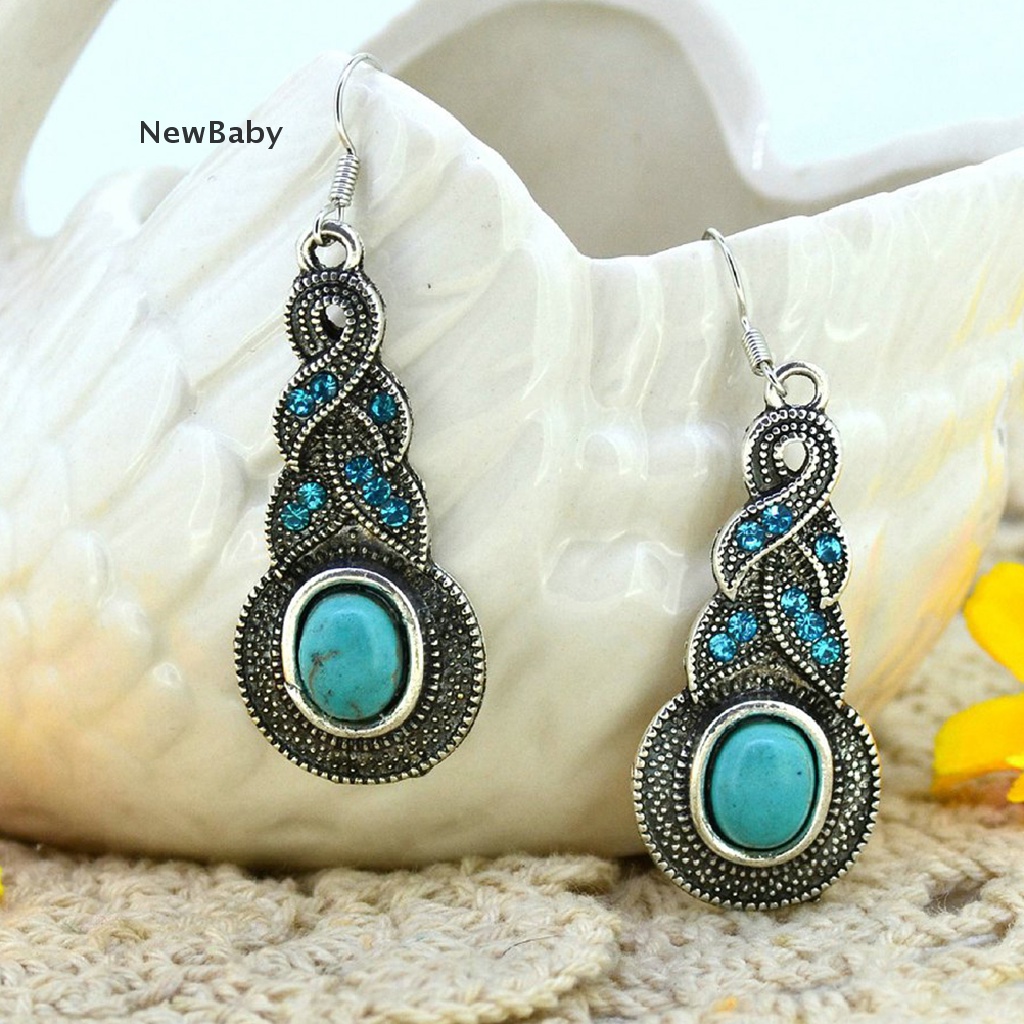 Set Anting Kait Gantung + Kalung Vintage Retro Elegan Hias Batu Turquoise Untuk Wanita