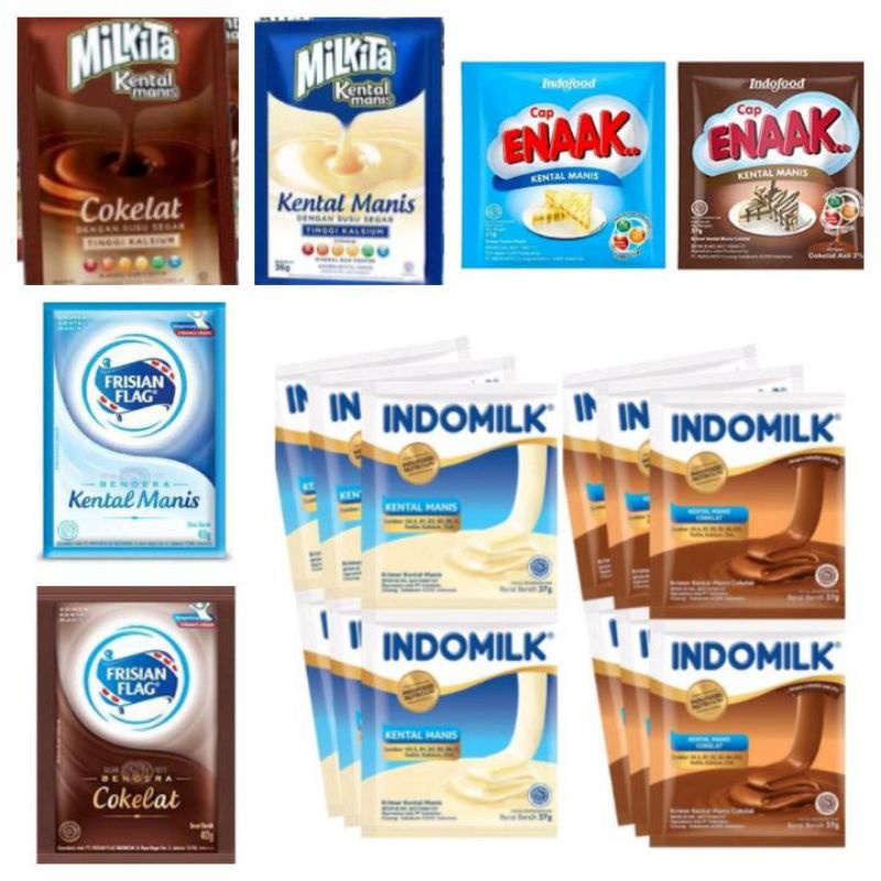 

Frisian Flag Bendera / Indomilk / Cap Enaak / Milkita - Susu Kental Manis Coklat / Cokelat / Putih Sachet 6's