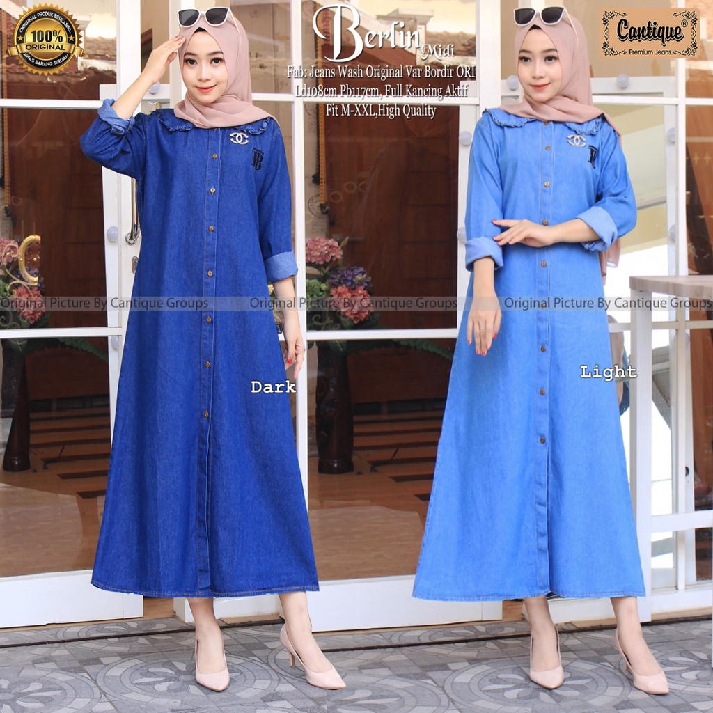 BERLIN MIDI BY CANTIQUE TERUSAN DRESS MIDI DENIM CASUAL WANITA JEANS WASH ORIGINAL VAR BORDIR ORI LD