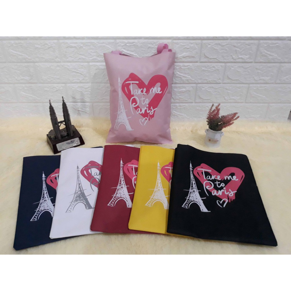 YA 487 - PARIS LOVE TAS TOTEBAG / TOTEBAG SABLON / TOTEBAG KULIAH