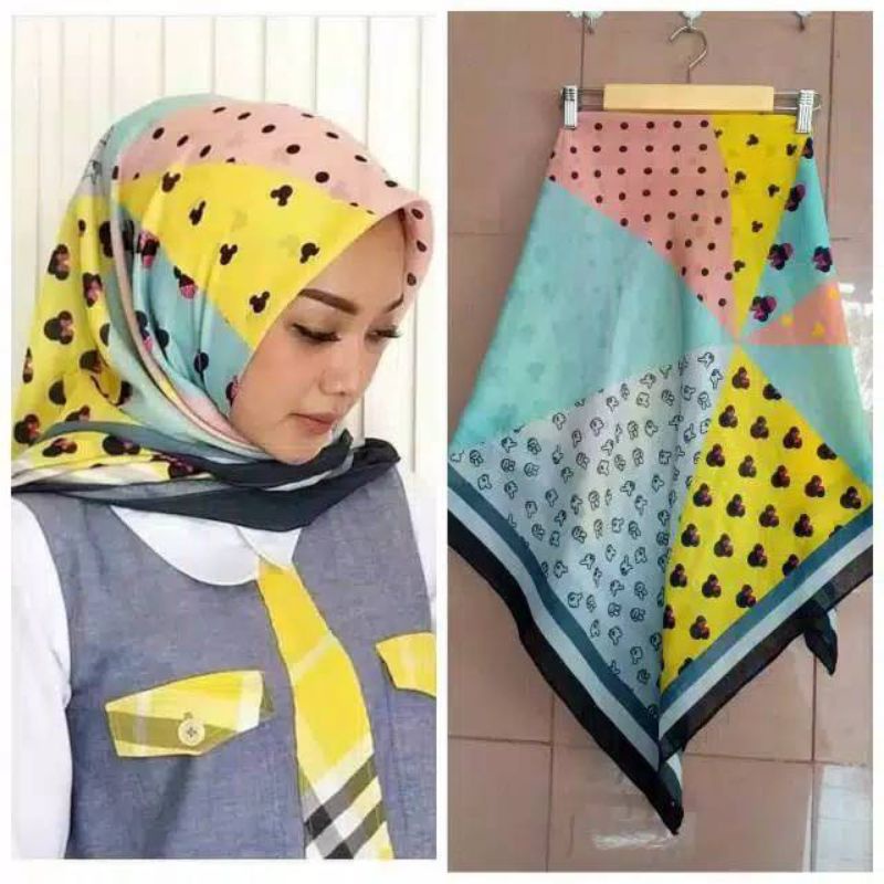 Terbaru !! Hijab Voal Segiempat Motif Mickey Kerudung Segiempat Motif Jilbab Voal