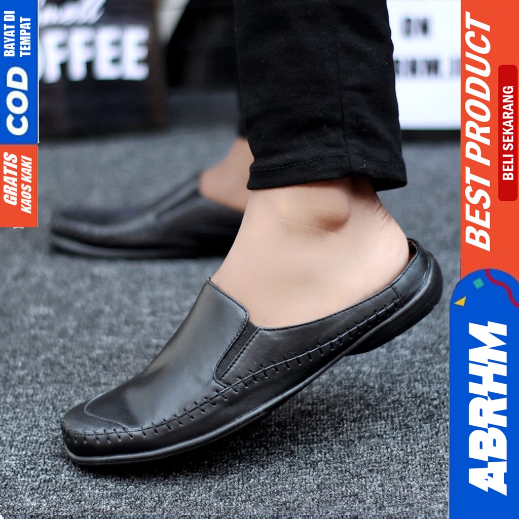 Abrhm Celvin - Sepatu Sandal Pria Kulit Asli Bustong Hitam