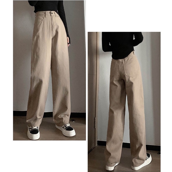 Import Korean Style Highwaist Loose Khaki Celana Jeans Panjang Wanita