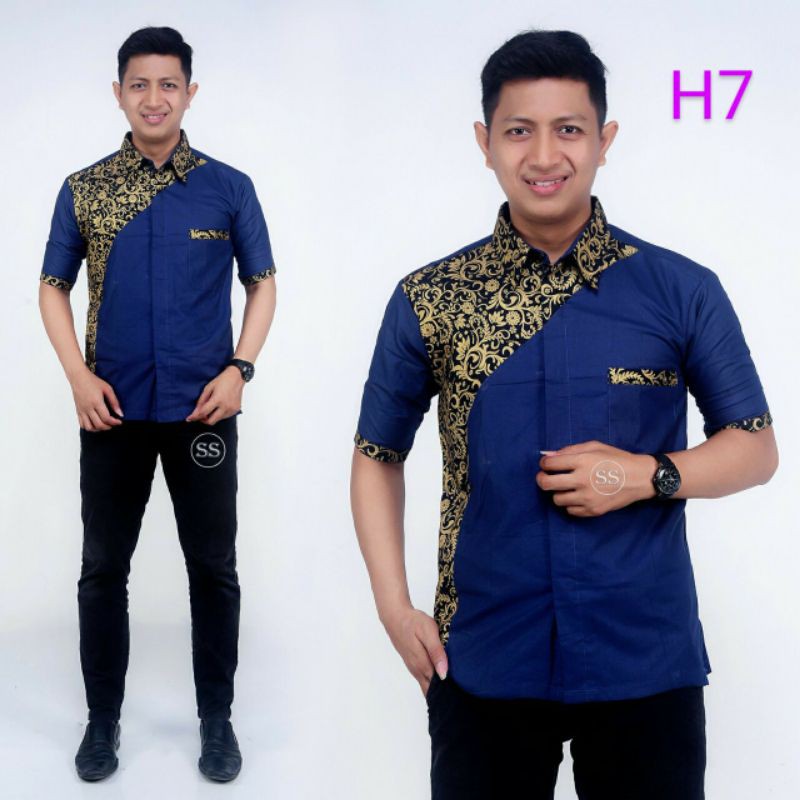 Baju Koko Lengan Pendek Pria Dewasa Motif Batik Kombinasi Bordir Bahan Katun Lembut Dan Halus