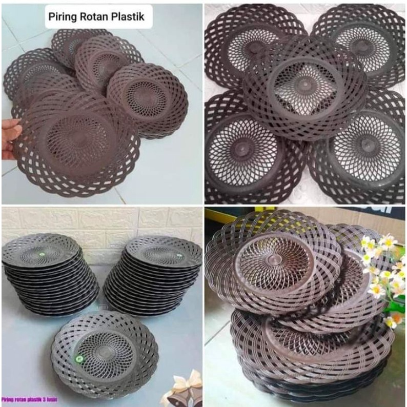 1 lusin piring rotan plastik motif anyam