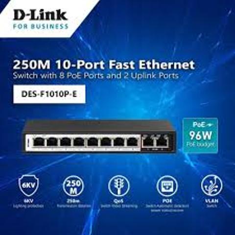 D-Link DES F1010P-E,Switch Hub 10 Port 10/100Mbps with 8 Port PoE and 2 Port Uplink